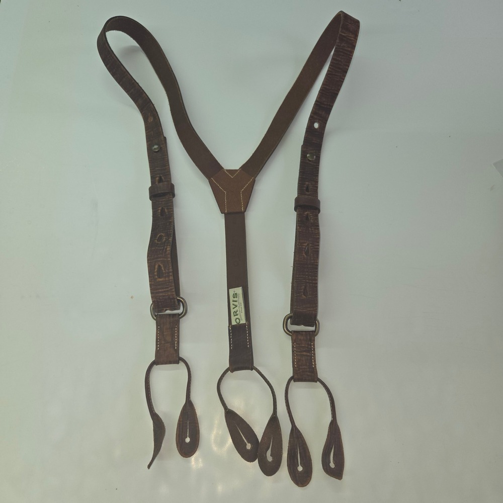 Orvis Leather Suspenders Mens One Size Brown Y-Back Button Loop Braces Vintage
